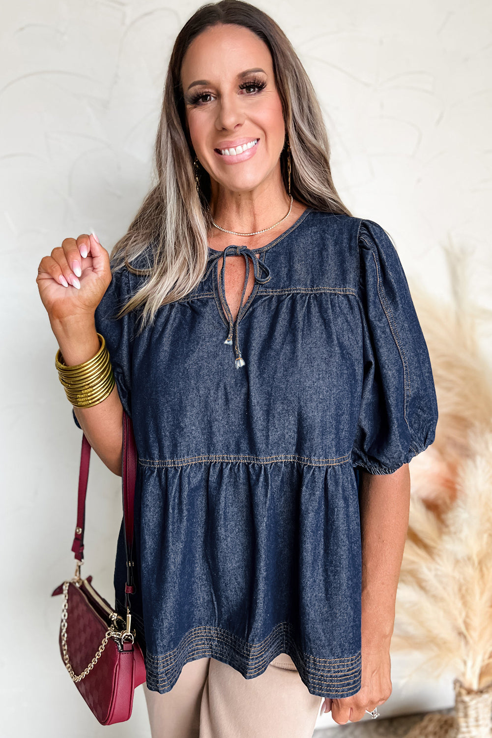 Sail Blue Puff Sleeve Lace-up Neckline Splicing Denim Blouse Blouses & Shirts JT's Designer Fashion