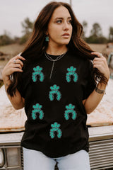 Black Western Turquoise Pattern Sequin Patched T Shirt Graphic Tees JT's Designer Fashion