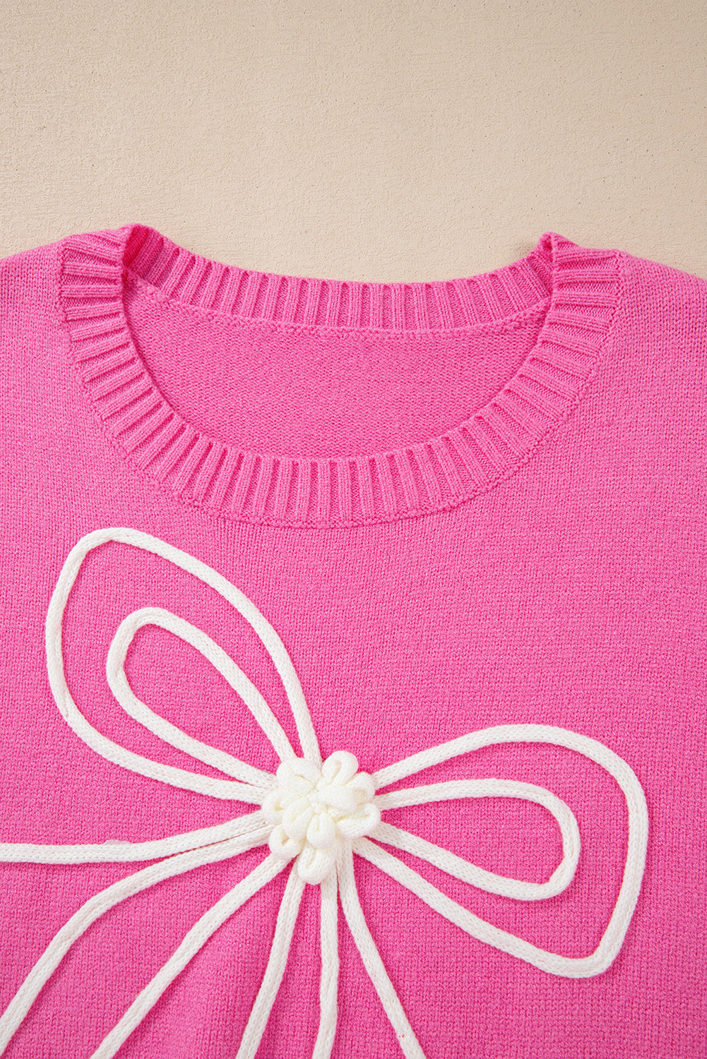 Bright Pink Corded Flower Bow Ribbed Trim Casual Sweater Sweaters JT's Designer Fashion