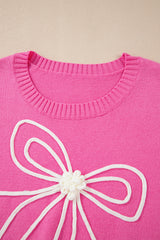 Bright Pink Corded Flower Bow Ribbed Trim Casual Sweater Sweaters JT's Designer Fashion