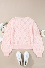 Gossamer Pink Openwork Plaid Puff Sleeve Cropped Sweater Sweaters JT's Designer Fashion