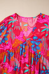 Rose Tropical Printed Lantern Sleeve V Neck Ruffled Plus Size Mini Dress Plus Size Mini Dresses JT's Designer Fashion