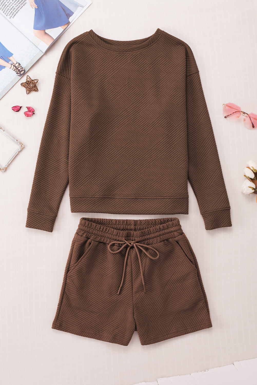 Brown Textured Long Sleeve Top and Drawstring Shorts Set Short Sets JT's Designer Fashion