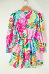 Green Multicolor Botanical Bubble Sleeve Mini Dress Floral Dresses JT's Designer Fashion