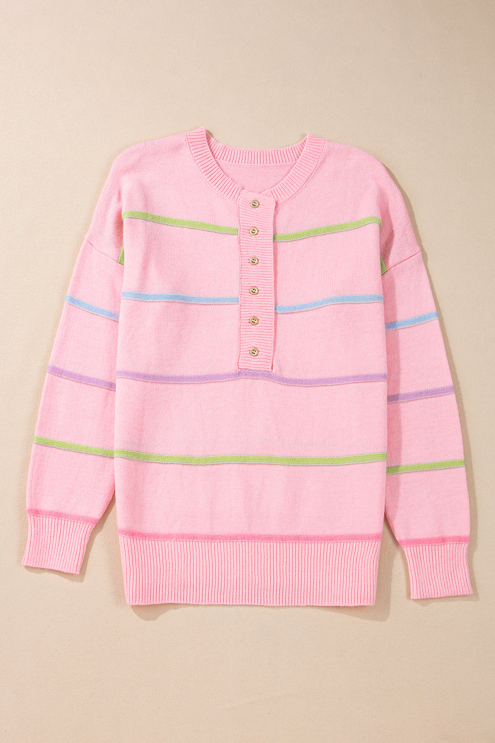 Pink Rainbow Stripes Drop Shoulder Baggy Henley Sweater Sweaters JT's Designer Fashion