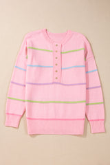 Pink Rainbow Stripes Drop Shoulder Baggy Henley Sweater Sweaters JT's Designer Fashion