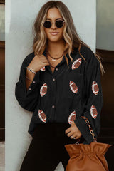 Black Sequin Rugby Pattern Buttoned Corduroy Shacket Jackets JT's Designer Fashion