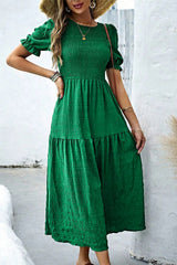 Dark Green Solid Textured Smocked Puff Short Sleeve High Waist Long Dress Dresses JT's Designer Fashion
