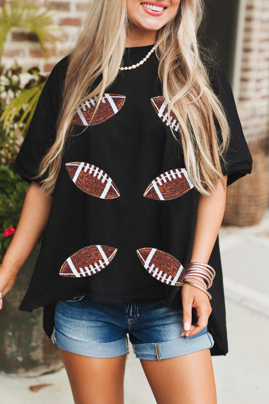 Black Sequin Rugby Football Patched Crewneck Loose T Shirt Graphic Tees JT's Designer Fashion