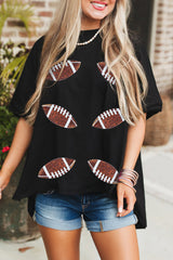 Black Sequin Rugby Football Patched Crewneck Loose T Shirt Graphic Tees JT's Designer Fashion