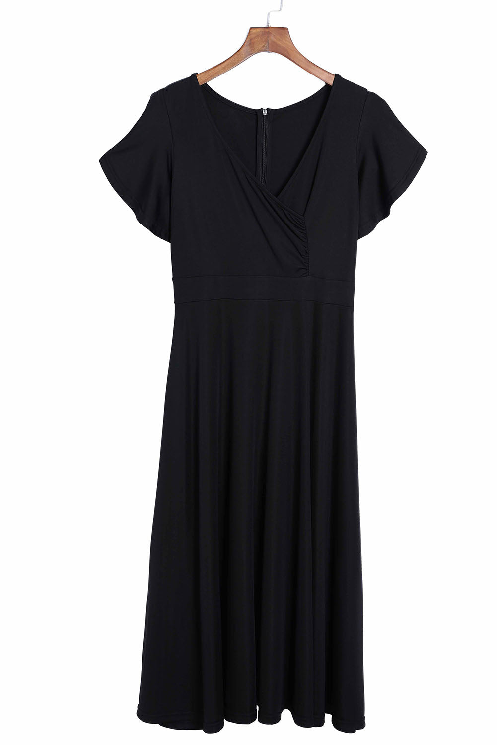 Black Ruffled Sleeve Wrap V Neck Midi Dress Midi Dresses JT's Designer Fashion