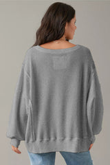 Gray Waffle knit Bishop Sleeve Split Oversized Top Long Sleeve Tops JT's Designer Fashion
