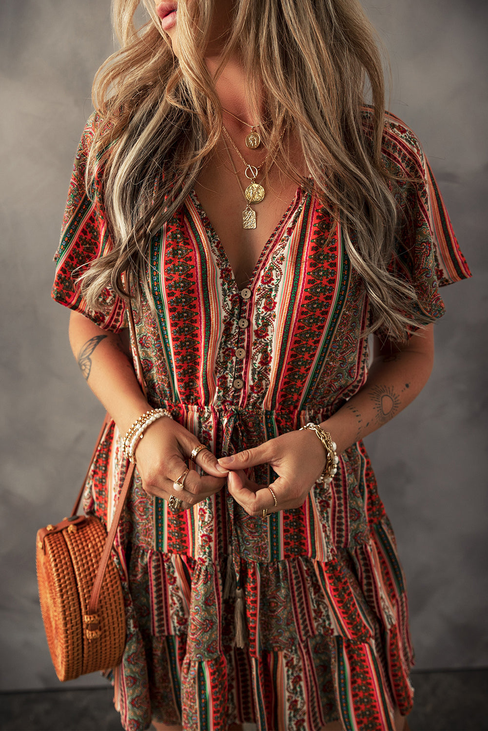 Red Bohemian Floral Print Buttoned V Neck Ruffle Tiered Dress Floral Dresses JT's Designer Fashion