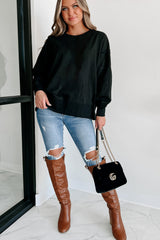 Black Exposed Seam Drop Shoulder Round Neck Sweatshirt with Slits Sweatshirts & Hoodies JT's Designer Fashion