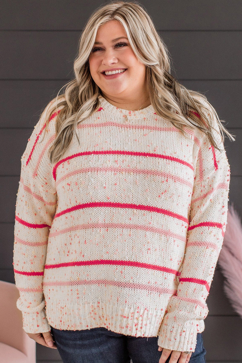 Pink Stripe Drop Shoulder Side Split Plus Size Sweater Plus Size Sweaters & Cardigans JT's Designer Fashion