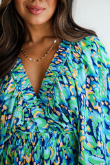 Green Abstract Print Puff Sleeve V Neck High Waist Romper Jumpsuits & Rompers JT's Designer Fashion