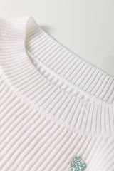 Beige Sequin Heart Shape Waffle Knit Round Neck Sweater Sweaters JT's Designer Fashion