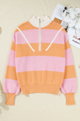 Orange Stripe Colorblock Half Zip Oversize Sweater Sweaters JT's Designer Fashion