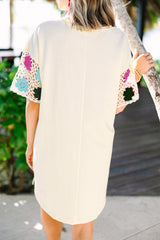 White Floral Crochet Splicing Sleeve T Shirt Dress T Shirt Dresses JT's Designer Fashion
