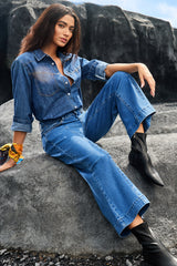 Dark Blue Plain Seam Detail Flared Bottom Ankle Length Jeans Jeans JT's Designer Fashion