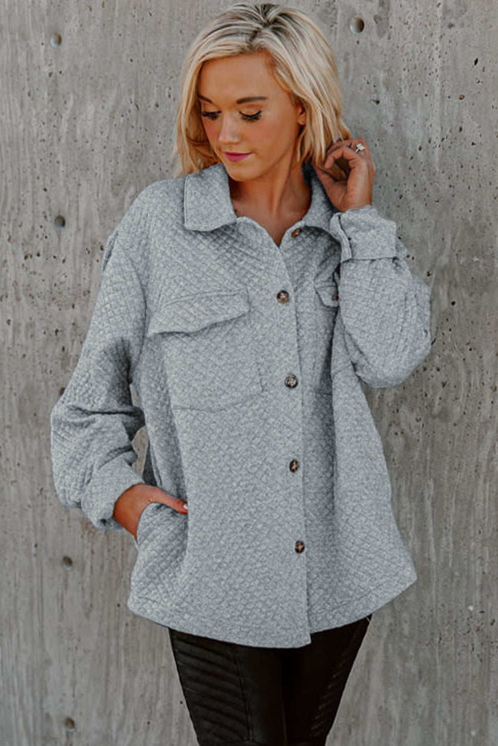 Gray Retro Quilted Flap Pocket Button Shacket Jackets JT's Designer Fashion