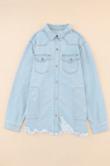 Sky Blue Flap Pocket Buttoned Raw Hem Denim Jacket Denim Jackets JT's Designer Fashion