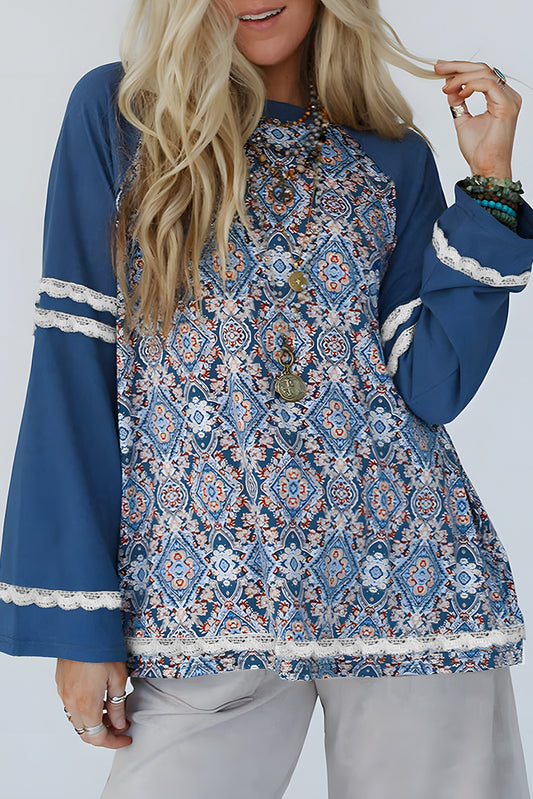 Blue Geometric Printed Lace Patchwork Ric Rac Raglan Long Sleeve Top Long Sleeve Tops JT's Designer Fashion