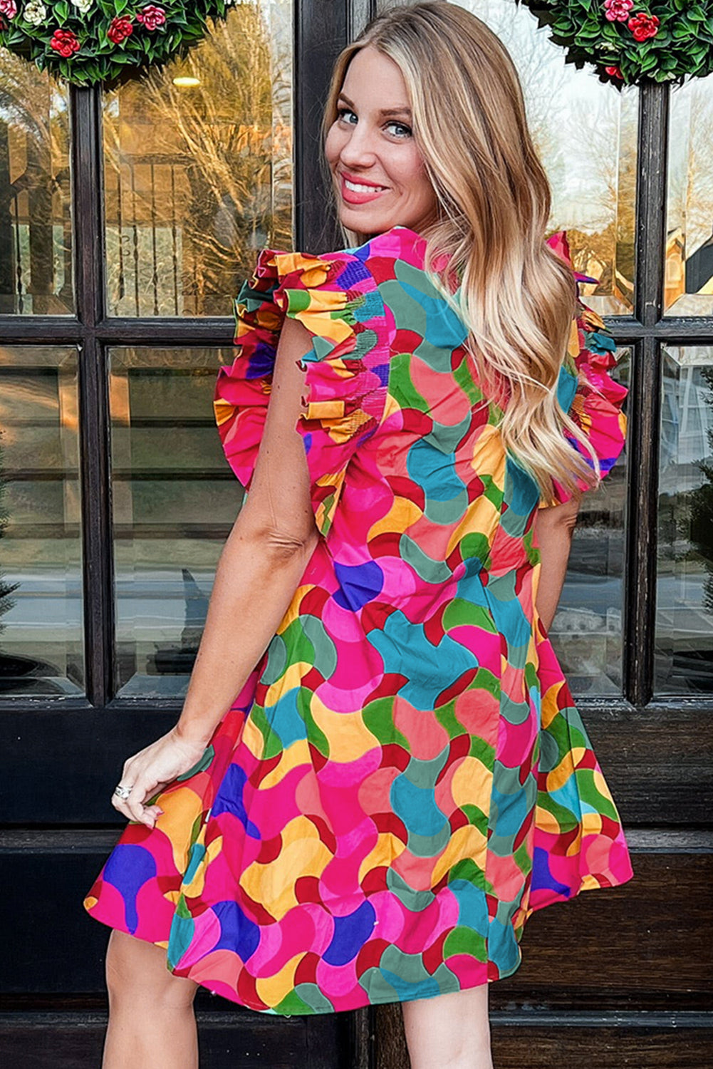Rose Red Abstract Print Ruffle Sleeve Shift Dress Dresses JT's Designer Fashion