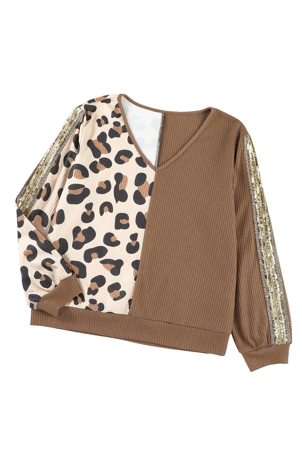 Brown Leopard Splicing Waffle Knit V Neck Top Long Sleeve Tops JT's Designer Fashion