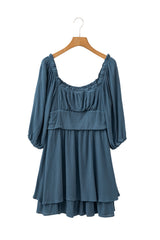 Real Teal Frilled Neckline 3/4 Sleeve Layered Ruched Mini Dress Mini Dresses JT's Designer Fashion