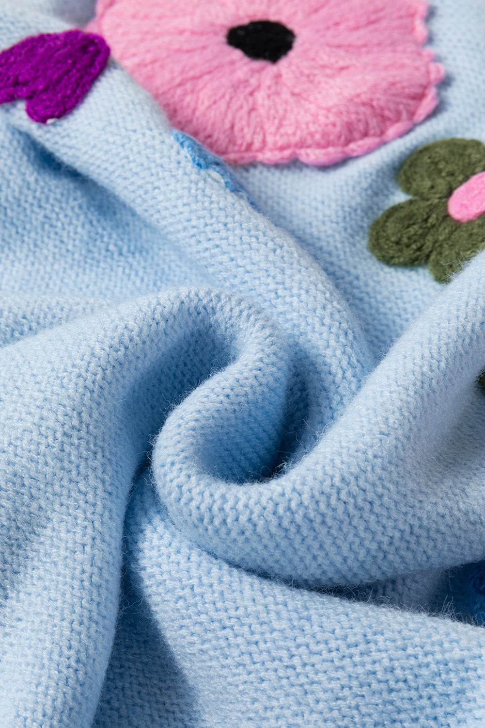 Light Blue Knitted Flower Pattern Ribbed Edge Sweater Sweaters JT's Designer Fashion