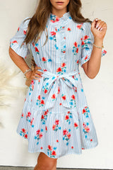 Sky Blue Stripe Floral Pattern Ruffle Short Sleeve Belted Mini Dress Dresses JT's Designer Fashion