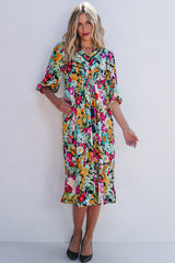 Green Floral Puff Sleeve V Neck Tassel Drawstring Dress Floral Dresses JT's Designer Fashion