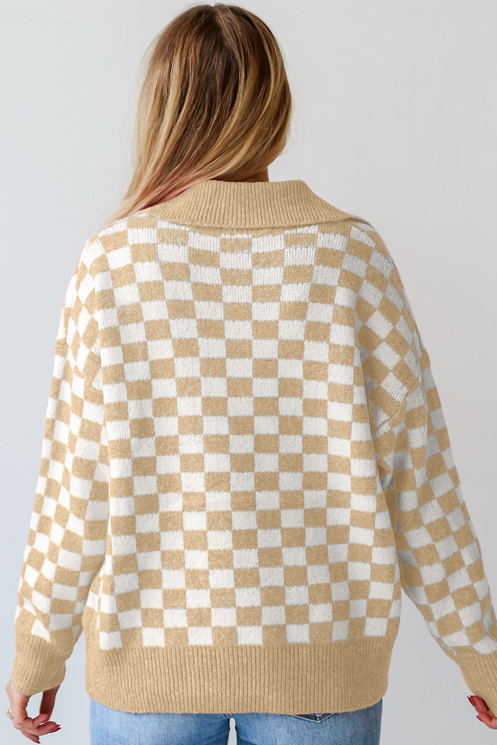 Apricot Checkered Buttons Collar V Neck Drop Shoulder Sweater Sweaters JT's Designer Fashion