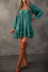 Mist Green Tiered Ruffled Puff Sleeve Loose Fit Mini Dress Mini Dresses JT's Designer Fashion