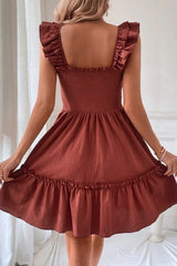 Red Sandalwood Geometric Stitch Shirred Bodice Ruffled Trim Sleeveless Mini Dress Dresses JT's Designer Fashion