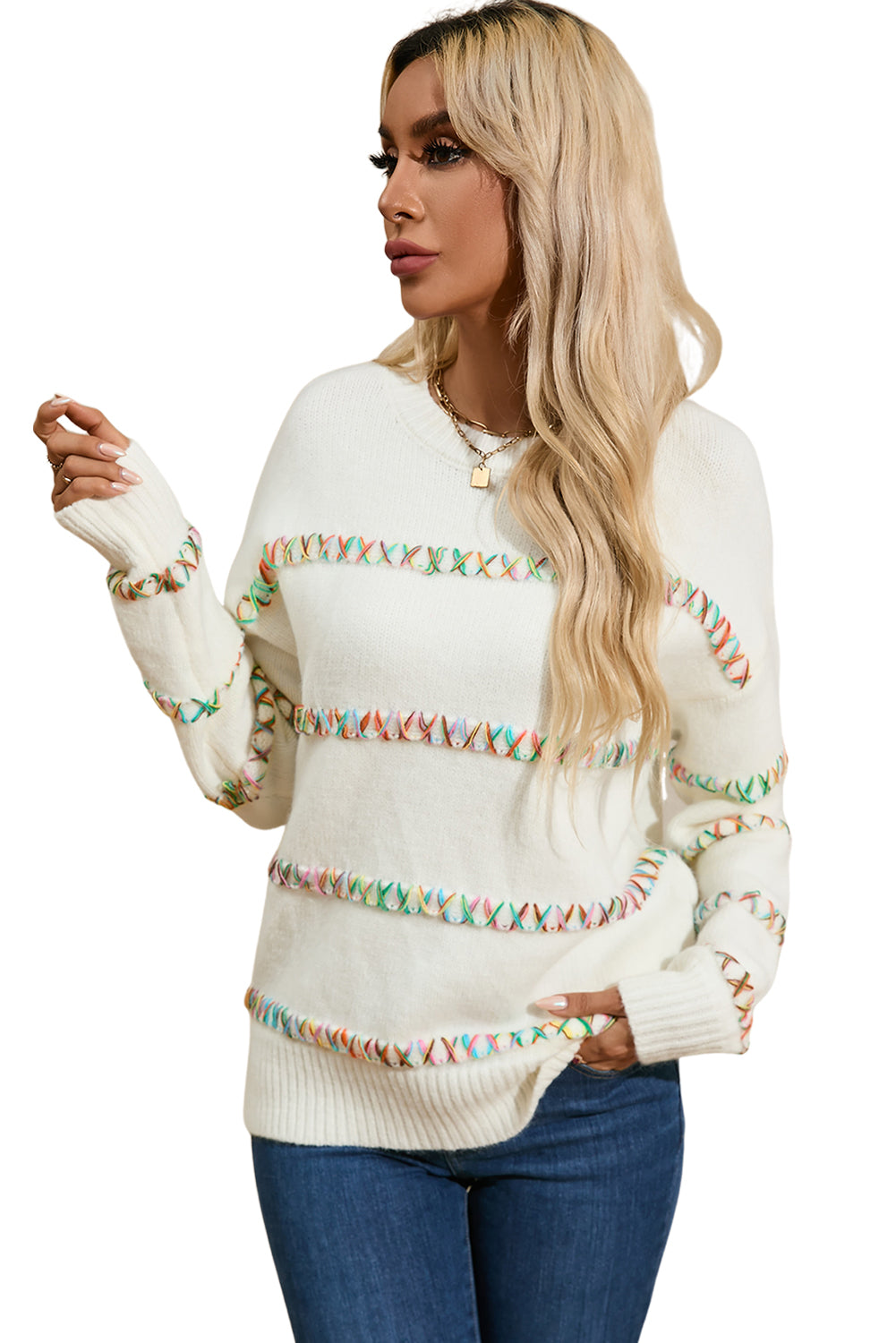 White Colorful Crossed Stitch Drop Shoulder Sweater Sweaters JT's Designer Fashion