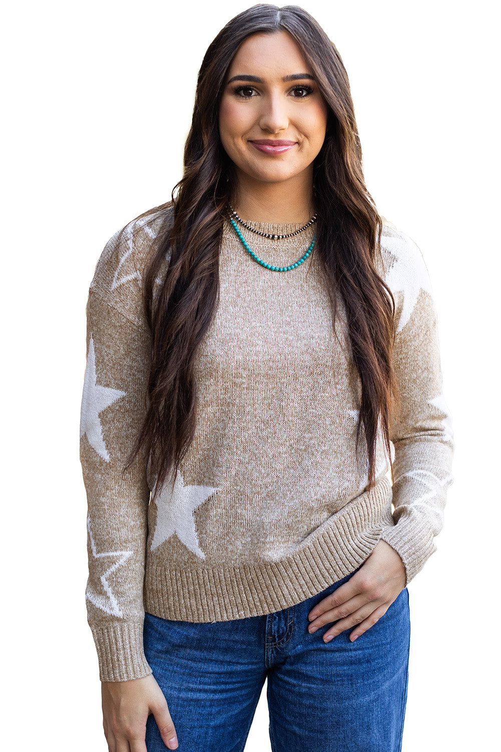 Khaki Star Pattern Drop Shoulder Sweater Sweaters JT's Designer Fashion