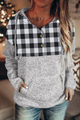 Black Plaid Splicing Pocketed Hoodie Sweatshirts & Hoodies JT's Designer Fashion