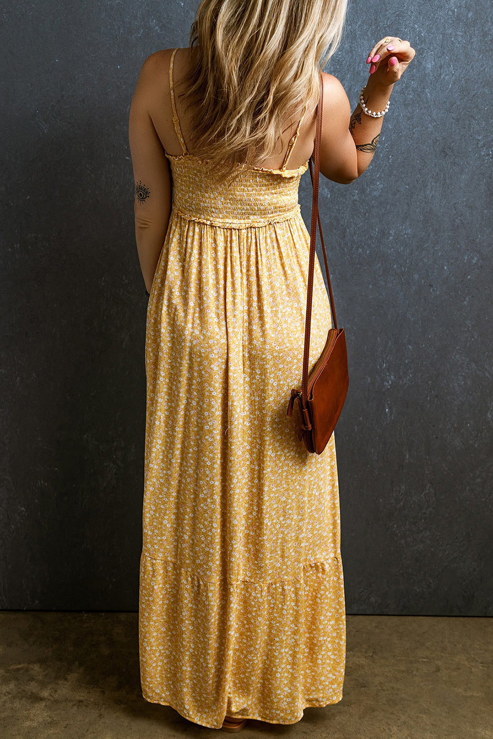 Yellow Frilly Smocked High Waist Floral Maxi Dress Dresses JT's Designer Fashion
