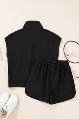 Black Textured Half Zip Kangaroo Pocket Top Drawstring Shorts Set Short Sets JT's Designer Fashion