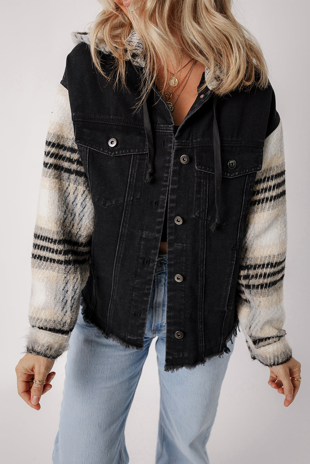 Black Plaid Sleeve Frayed Hem Hooded Denim Jacket Denim Jackets JT's Designer Fashion