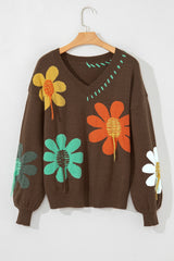 Coffee Big Flower Pattern V Neck Drop Shoulder Sweater Sweaters JT's Designer Fashion