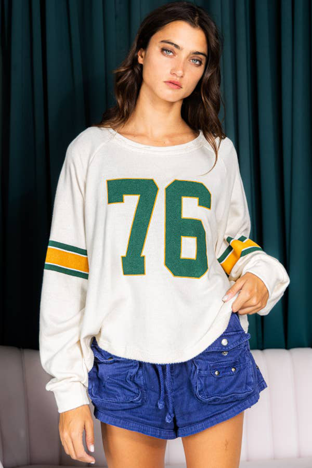 White Number 76 Printed Retro Sporty Long Sleeve Top Long Sleeve Tops JT's Designer Fashion