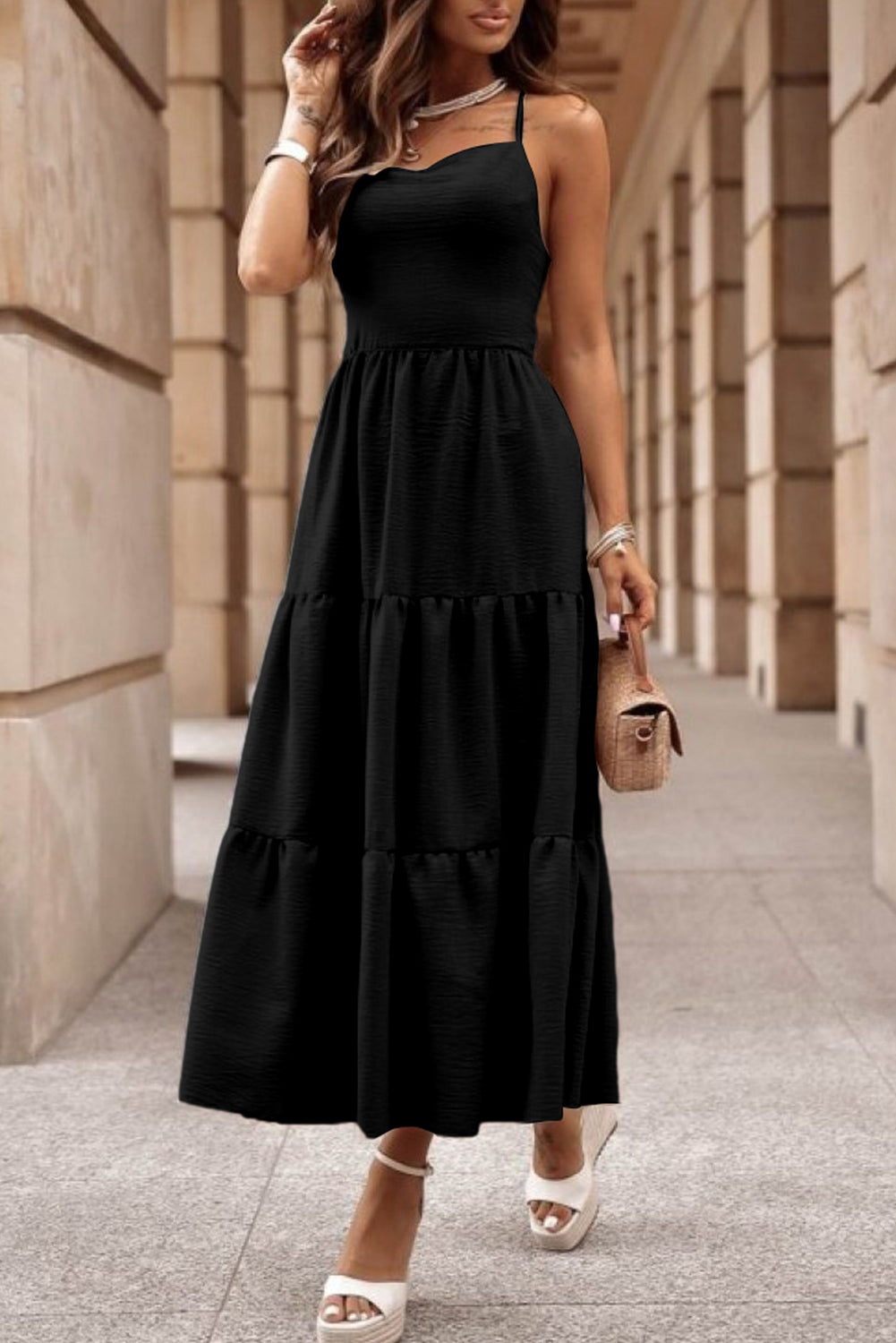 Black Crossover Backless Bodice Tiered Maxi Dress Dresses JT's Designer Fashion
