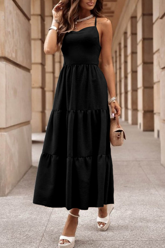 Black Crossover Backless Bodice Tiered Maxi Dress Dresses JT's Designer Fashion