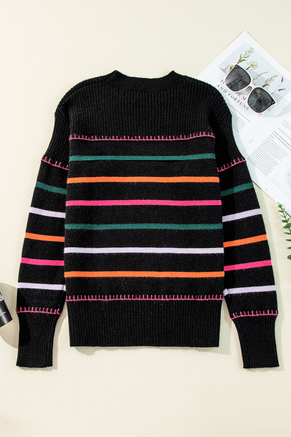 Black Colorful Striped Ribbed Trim Sweater Sweaters JT's Designer Fashion