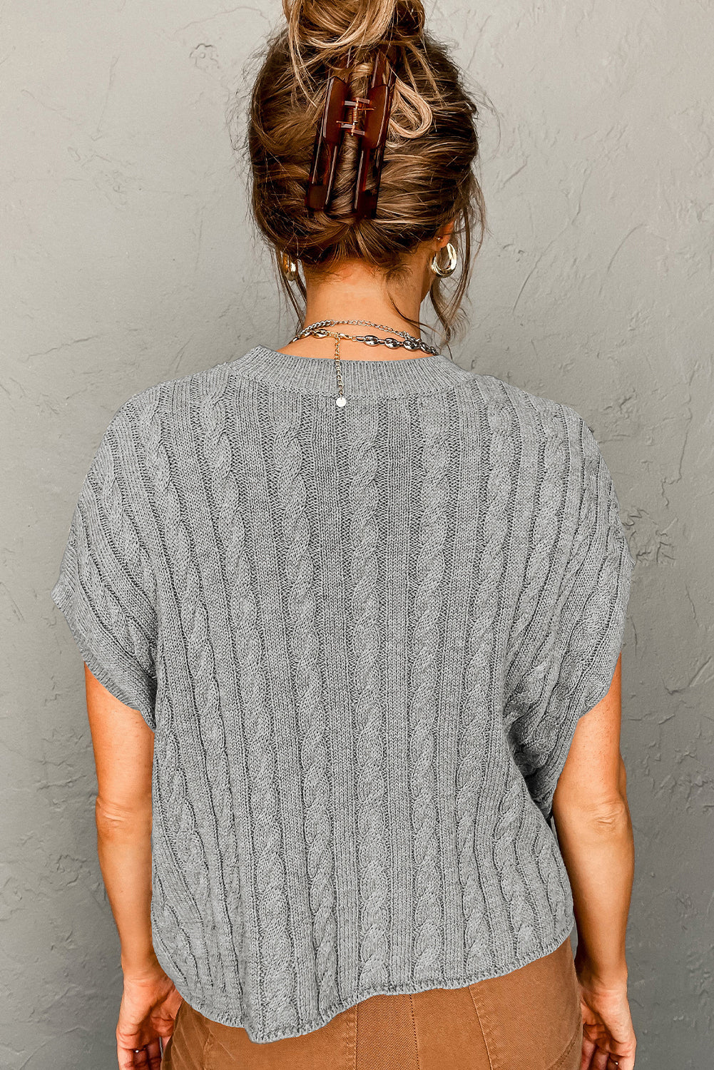 Gray Crew Neck Cable Knit Short Sleeve Sweater Sweaters & Cardigans JT's Designer Fashion