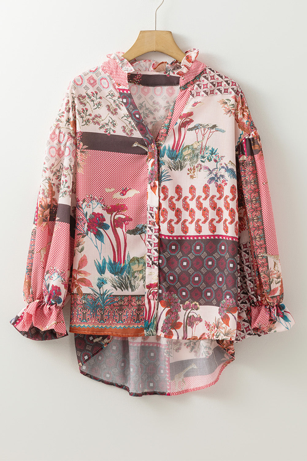 Red Boho Geometric Mixed Print Patchwork Bubble Sleeve Shirt Blouses & Shirts JT's Designer Fashion