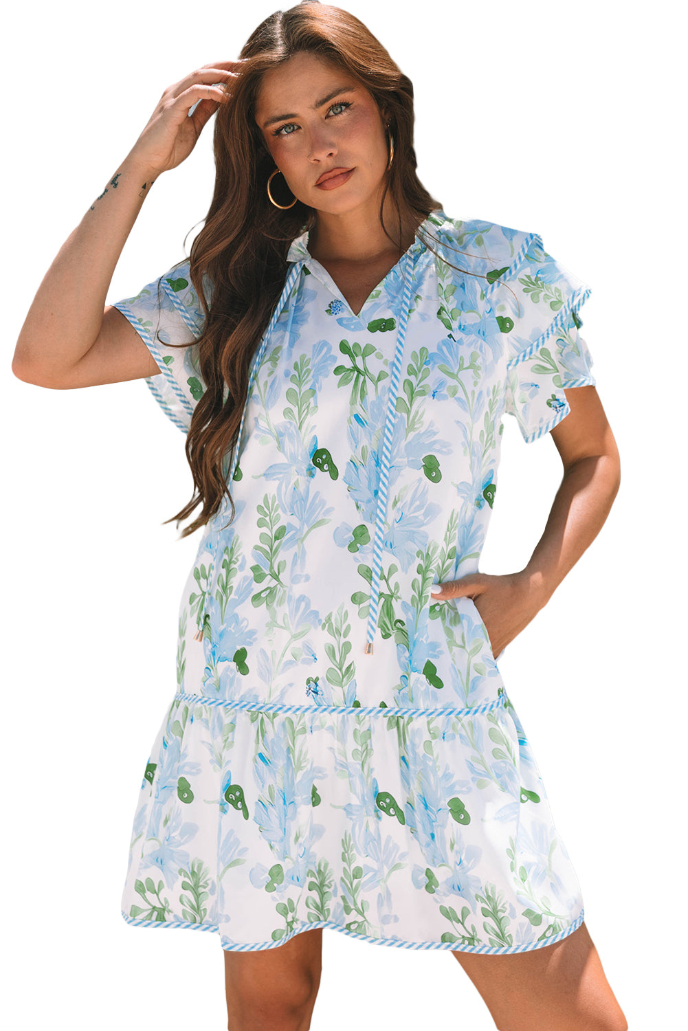 Sky Blue Floral Contrast Edge Layered Short Sleeve Mini Dress Floral Dresses JT's Designer Fashion
